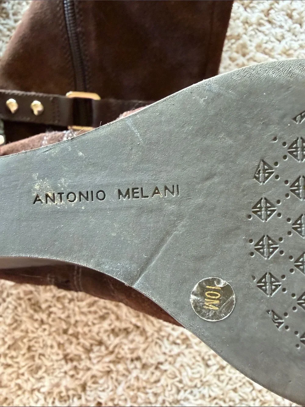 ANTONIO MELANI Brown Suede Wedge Knee Boots with Strap Accents